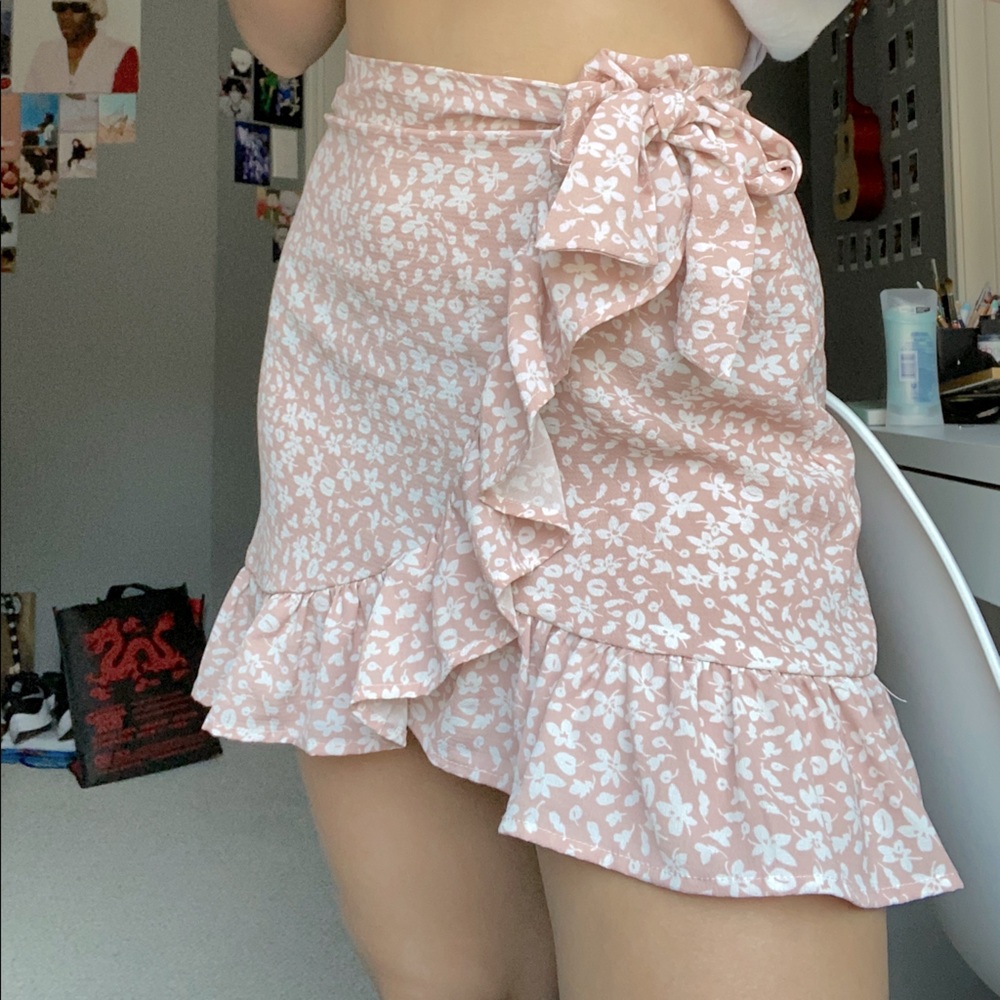 pink and white floral faux wrap skirt